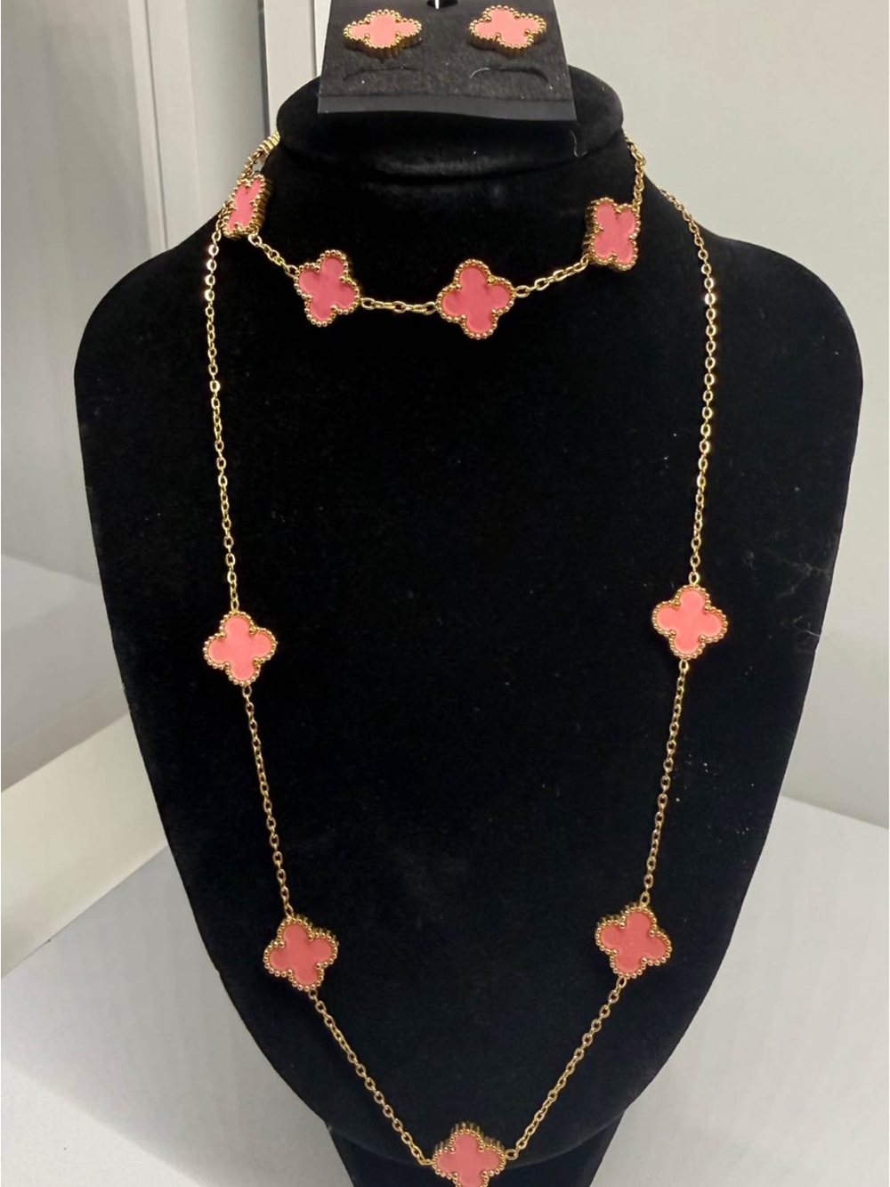 Gold Chain Necklace and Choker Set with Pink Clover Motifs